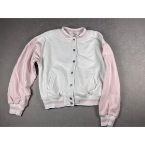 No Boundaries White and Pink Varsity Bomber Jacket Womens Small S 3-5 Snap Front